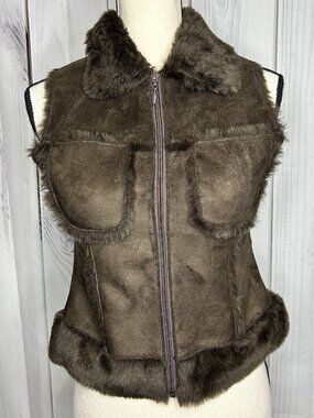 Bebe Faux Fur Suede Vest Womens Sz XS Brown Full Zip Vintage